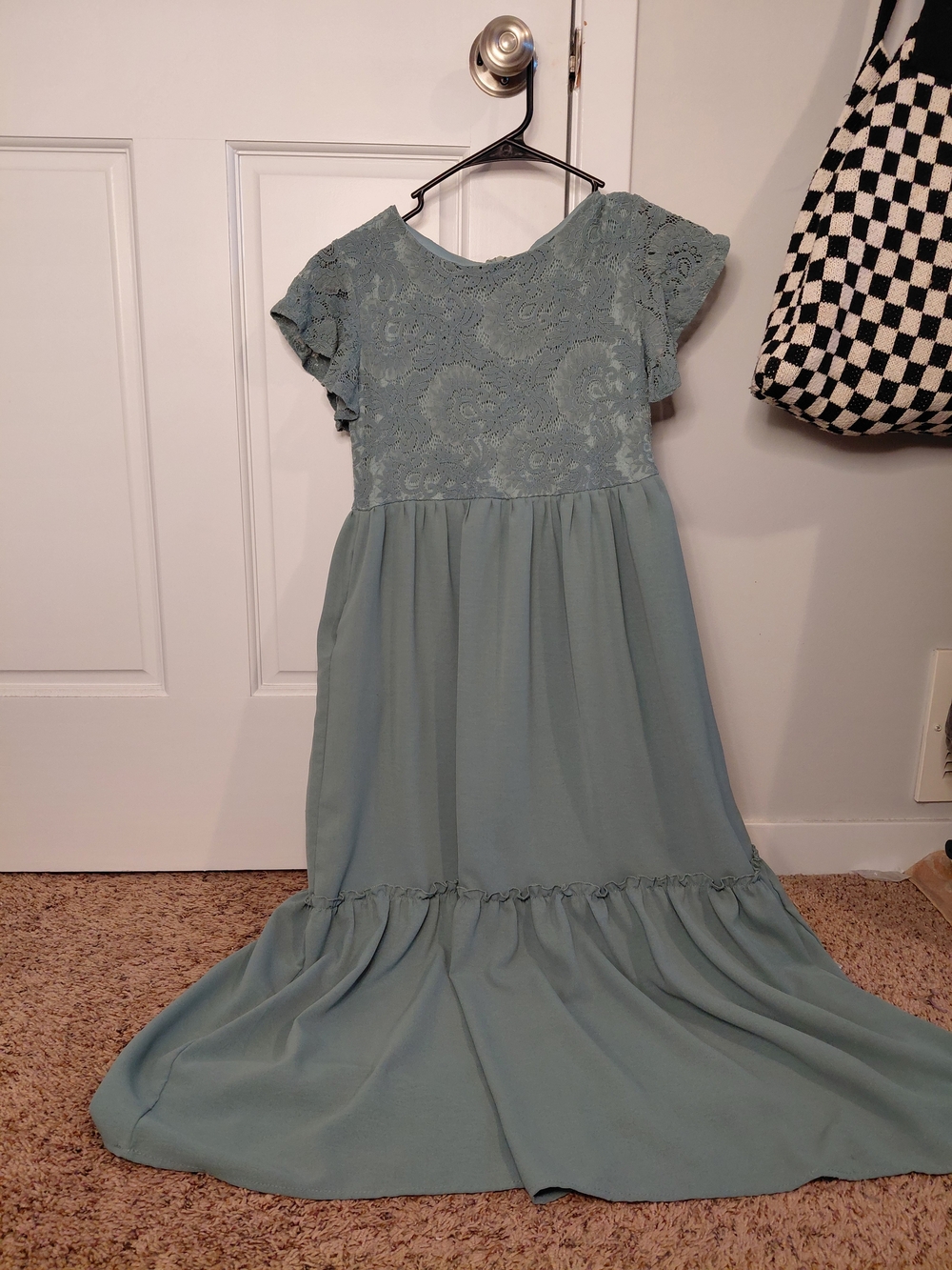 Girls Dusty Blue Lace-Top Maxi Dress with Ruffle Hem